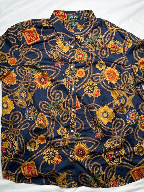 Lauren Ralph Lauren Tops - Lauren Ralph Lauren Women's 3X Shirt Crest Crown Gold Rope and Medallion AOP
